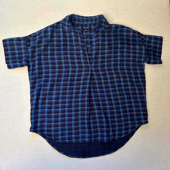 Madewell women’s short sleeve blue plaid shirt w/banded sleeves Sz-XS. Y8 - Picture 3 of 8